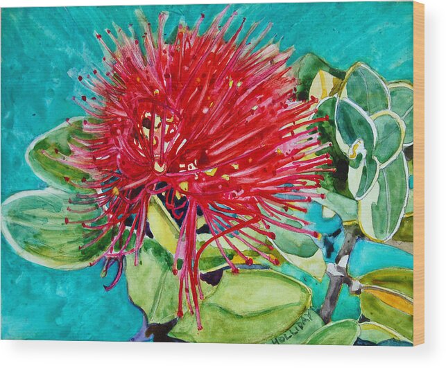 Lehua Blossom Wood Print featuring the painting Lehua Blossom by Terry Holliday