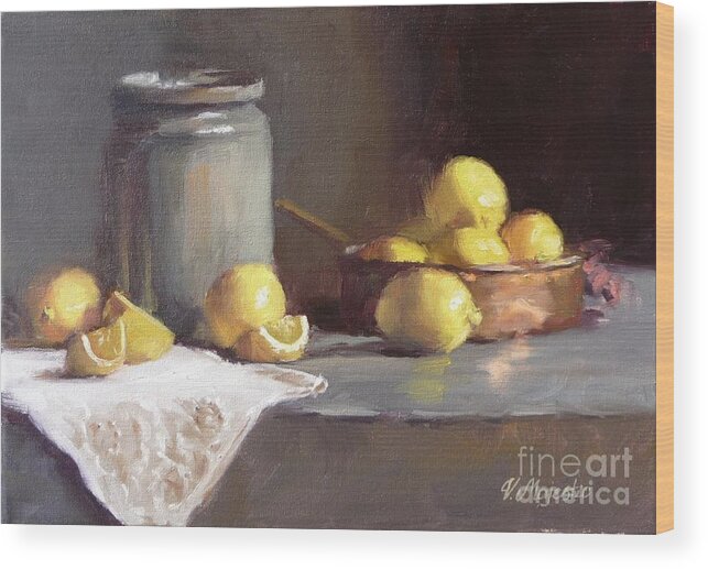 Lemon Wood Print featuring the painting Lemons in copper pan by Viktoria K Majestic
