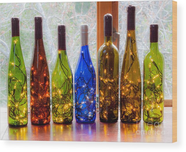 Wine Wood Print featuring the photograph Lighted Wine Bottles by Margaret Hood