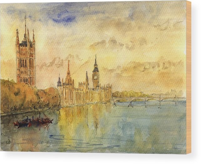 London Wood Print featuring the painting London Thames River by Juan Bosco
