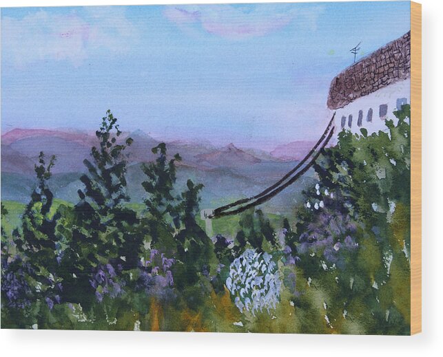 Mountain Wood Print featuring the painting Looking out from top of Jay Peak by Donna Walsh