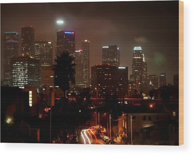 Los Wood Print featuring the photograph Los Angeles skyline at night by Jetson Nguyen