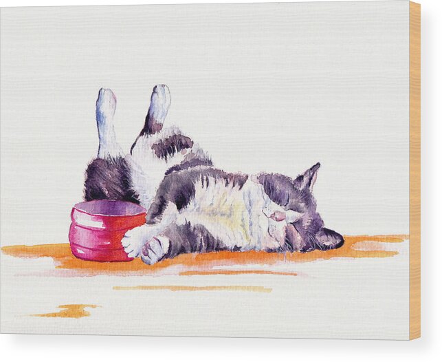 Cat Wood Print featuring the painting Lunch Break by Debra Hall