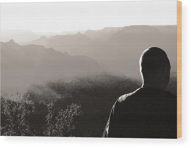 Digital Lith Print Wood Print featuring the photograph Man at Grand Canyon by Arkady Kunysz