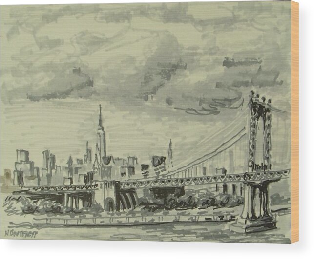 Cityscape Wood Print featuring the drawing Manhattan Bridge by Nicolas Bouteneff