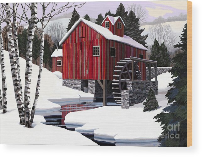 Landscape Wood Print featuring the painting Mill on Snowy River by Jackie Case