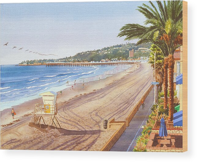 Mission Beach Wood Print featuring the painting Mission Beach San Diego by Mary Helmreich