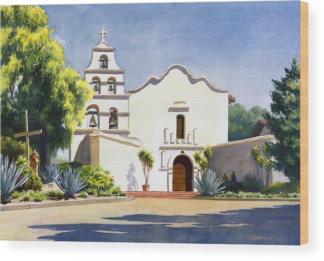 California Mission Wood Print featuring the painting Mission San Diego De Alcala by Mary Helmreich