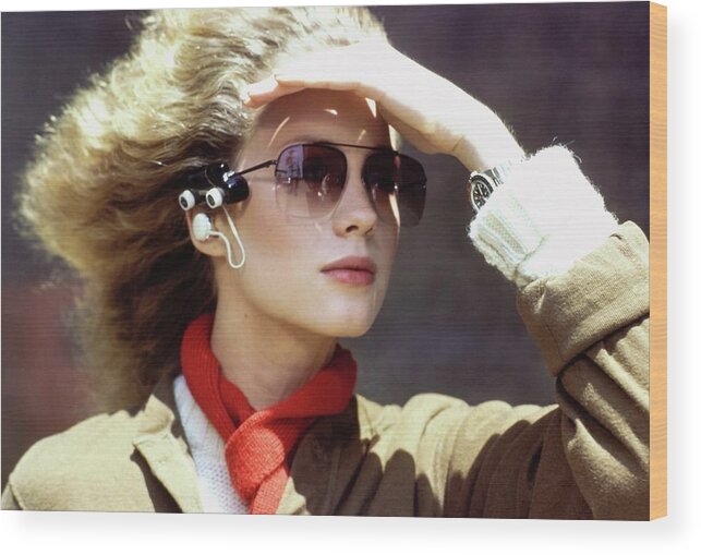 Accessories Wood Print featuring the photograph Model Wearing An Eyeglass-mounted Radio by Arthur Elgort