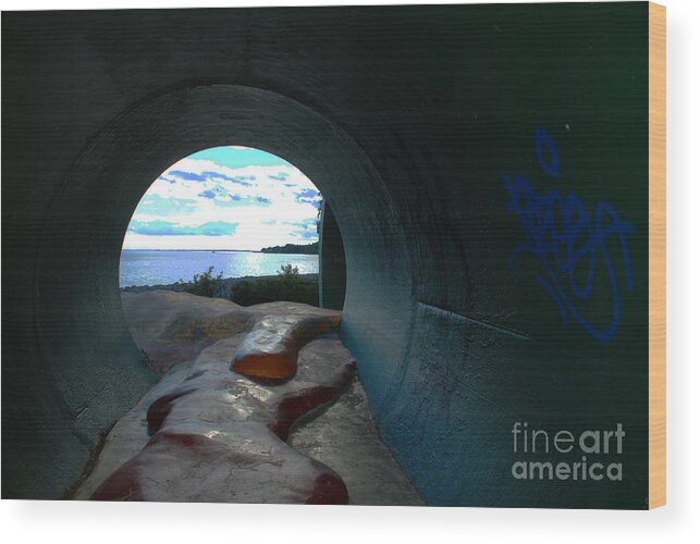 Moniker Graffiti Sculpture Tunnel Flow Tube Horizon Wood Print featuring the photograph Moniker by Richard Gibb