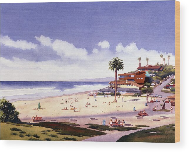 Beach Wood Print featuring the painting Moonlight Beach Encinitas by Mary Helmreich