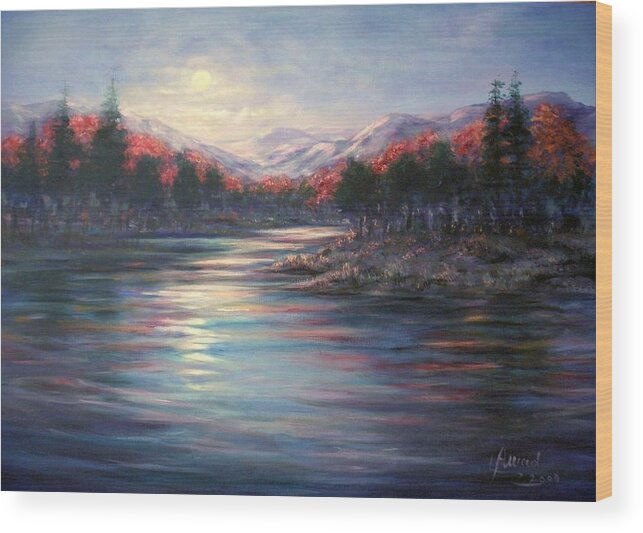  Lake Wood Print featuring the painting Moonrise on the lake#2 by Laila Awad Jamaleldin