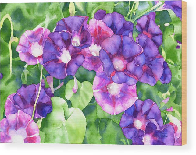 Morning Glories Wood Print featuring the painting Morning Glow by Pauline Walsh Jacobson