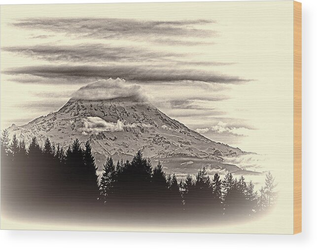 Mt. Rainier In B&w Wood Print featuring the photograph Mt. Rainier WA in Black and White by Ron Roberts