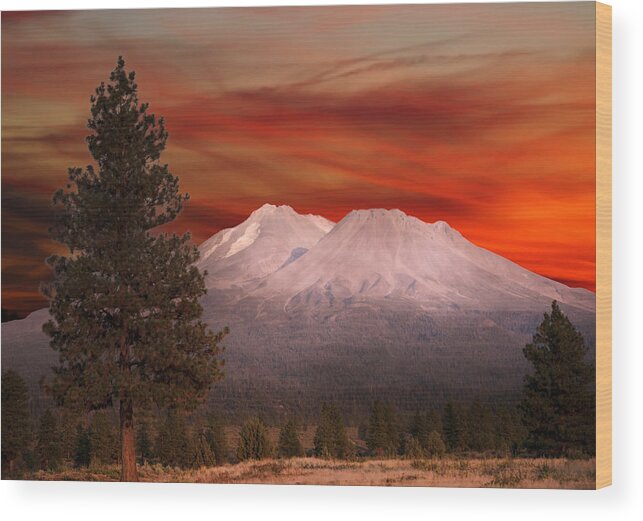 Mt Shasta Fire In The Skym Mountains Wood Print featuring the photograph Mt Shasta Fire in the Sky by Randall Branham