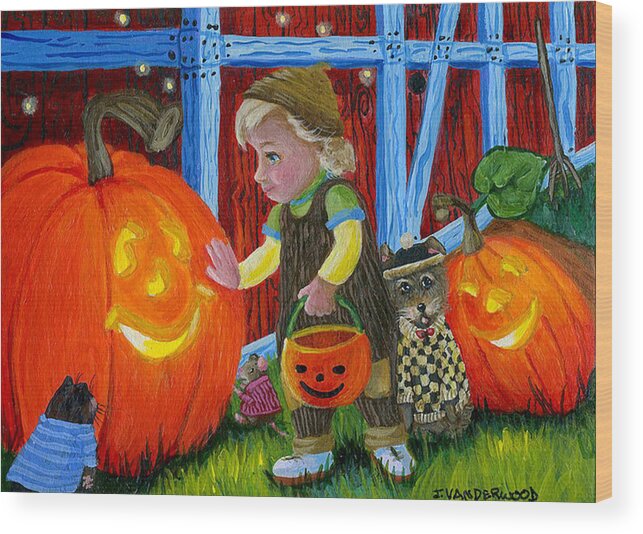 Boy Wood Print featuring the painting My Friends the Pumpkins by Jacquelin L Westerman