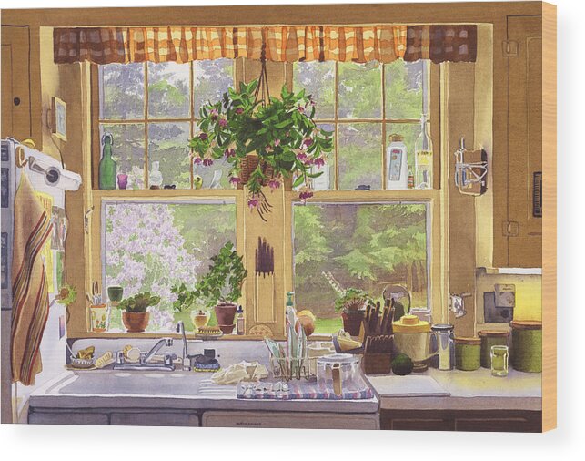 New England Wood Print featuring the painting New England Kitchen Window by Mary Helmreich