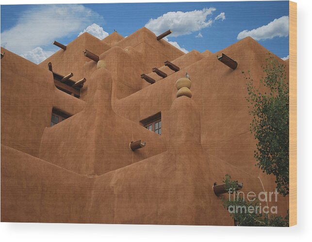 New Mexico Wood Print featuring the photograph New Mexico Adobe Blue Sky Horizontal by Heather Kirk