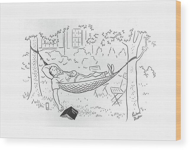 112797 Rde Richard Decker Man In Hammock Has Fallen Asleep Reading 'america's Peril'. America's Armed Army Asleep Authors Bestseller Book Books Fallen ?ction Forces Hammock Literature Man Manuscript Navy Non?ction Peril Publishing Read Reading Soldiers Stories Tale Tales War Wartime World Writers Writing Wood Print featuring the drawing New Yorker August 7th, 1943 by Richard Decker