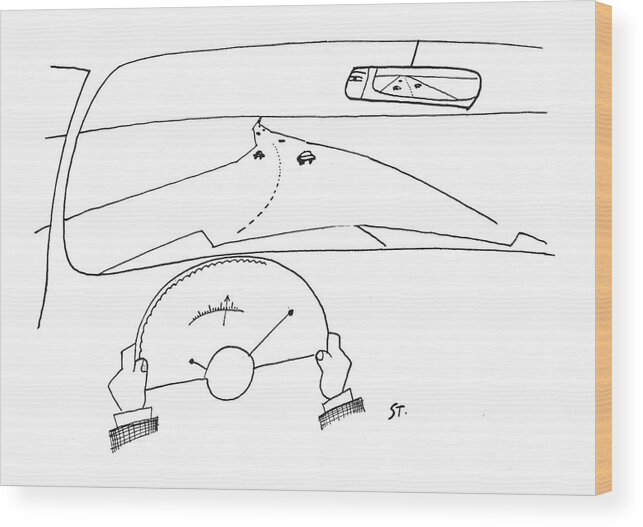 93570 Sst Saul Steinberg (view Of Highway From Driver's Seat.) Automobiles Autos Car Cars Drive Driver's Driving Highway Holiday Journey Seat Travel Trip Vacation Vacations View Wood Print featuring the drawing New Yorker January 11th, 1958 by Saul Steinberg