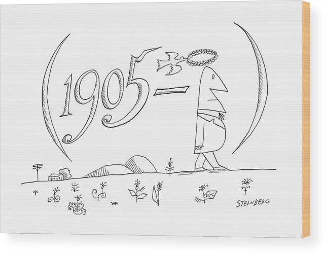115523 Sst Saul Steinberg (the Year 1905 Is Portrayed As The Year A Man Was Born. The Man Is At The End Of The Tear To Show He Is Still Alive. A Dove Flies Over The Man With A Wreath.) Alive Animal Animals Bird Birds Birth Birthday Born Date Dove End ?ies ?owers Life Man Men Nature Number Numbers Over Plants Portrayed Show Span Still Tear The Was Wreath Year Years Wood Print featuring the drawing New Yorker July 28th, 1962 by Saul Steinberg