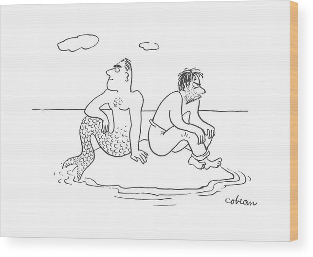 116476 Sco Sam Cobean A Man Is Stranded On An Island With A Merman. Beach Caribbean Desert Deserted ?sh Island Islands Isle Man Mermaid Mermaids Merman Mermen Ocean Oceans Paci?c Problems Rescue Sea Seas Shipwrecked South Stranded Water Wood Print featuring the drawing New Yorker July 29th, 1944 by Sam Cobean