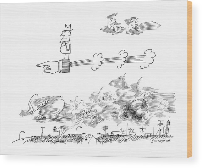 (man Rides Jet-propelled Hand.)

Strange Absurd Transportation Speed Direction Future Career Careerism Fanciful Fantastic Ambition Success Iwd Sstoon Saul Steinberg Sst Artkey 66287 Wood Print featuring the drawing New Yorker June 1st, 1963 by Saul Steinberg