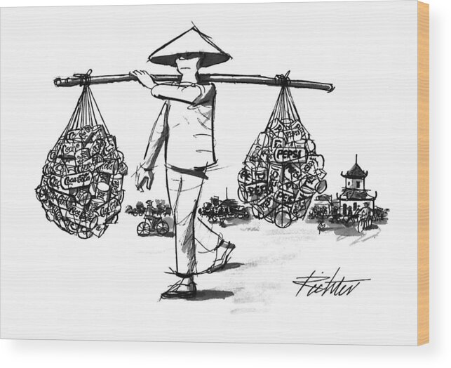 (the Chinese Farmer Carrying Soda
Cans.)(peasant's Load Wood Print featuring the drawing New Yorker March 28th, 1994 by Mischa Richter