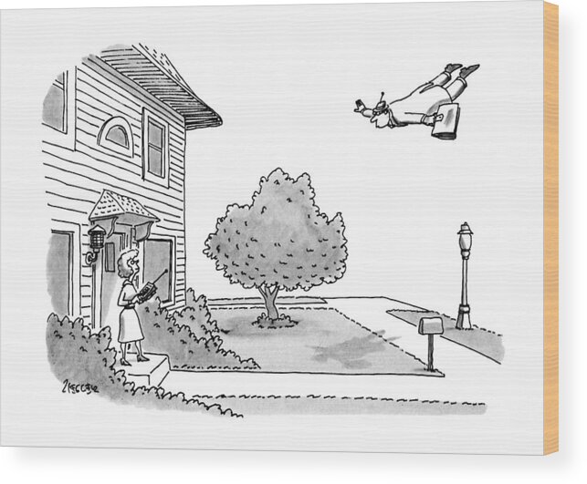 No Caption
Husband Flies Through The Air Wood Print featuring the drawing New Yorker November 11th, 1991 by Jack Ziegler
