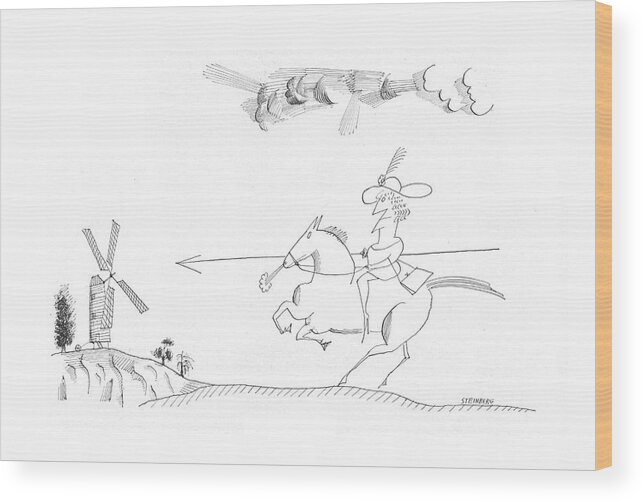 83340 Sst Saul Steinberg (a Woman On A Horse Carrying A Lance Heading Toward A Windmill.) Art Artist Artistic Artwork Authors Bestseller Book Books Carrying Cliche Cliches Don Heading Horse Humanities Lance Literature Manuscript Publishing Quixote Toward Windmill Woman Writers Writing Wood Print featuring the drawing New Yorker September 24th, 1966 by Saul Steinberg