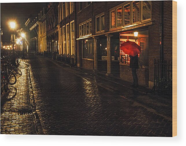 Netherlands Wood Print featuring the photograph Night Lights of Utrecht. Orange Umbrella. Netherlands by Jenny Rainbow