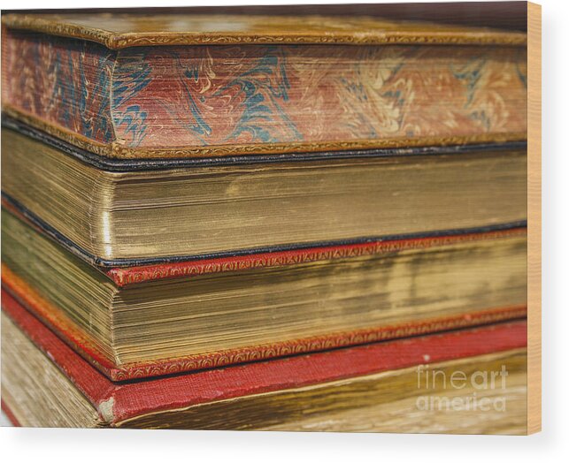 Aged Wood Print featuring the photograph Old Books With Golden Pages by Patricia Hofmeester