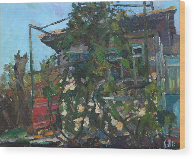 Ukraine Wood Print featuring the painting Old house and grapes by Juliya Zhukova