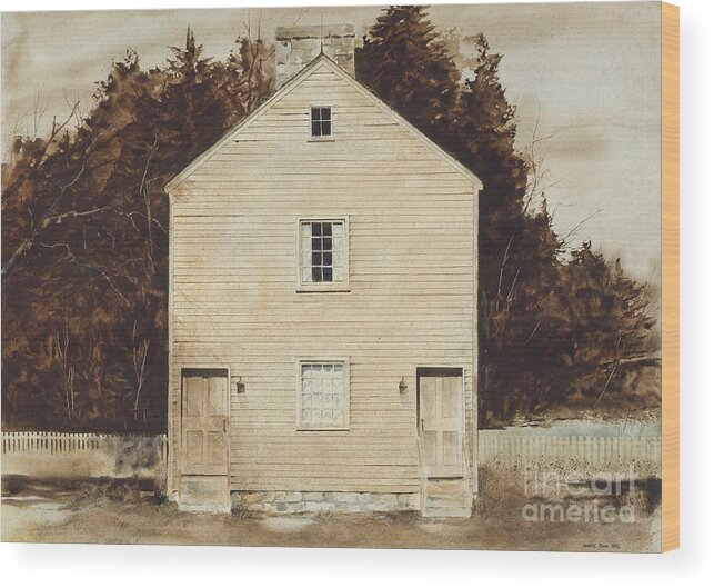 A Simple Wooden Structure Located On The Grounds Of The Pleasant Hill Shaker Village Near Harrodsburg Wood Print featuring the painting Old Ministry's Shop by Monte Toon