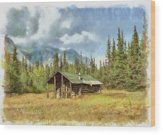 Cabin Wood Print featuring the digital art Old Trappers Cabin by Fred Denner