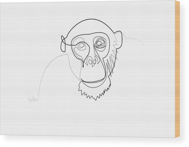 Minimal Wood Print featuring the digital art Oneline Monkey by Quibe Sarl