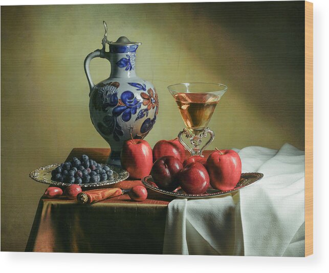 Ontbijt Wood Print featuring the photograph Ontbijtje with Blue Tankard-Red Apples and Venetian Glass by Levin Rodriguez