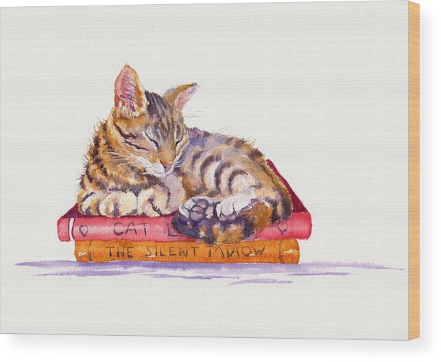 Cat Wood Print featuring the painting Sleeping Cat - Paperweight by Debra Hall