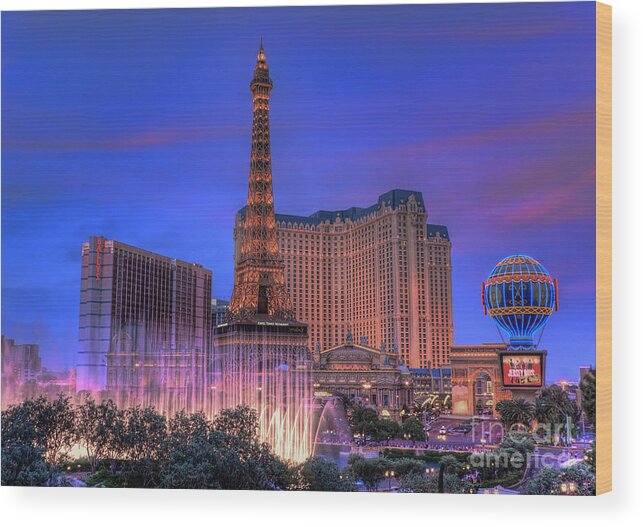 Paris Wood Print featuring the photograph Paris Las Vegas at Sunset by Eddie Yerkish