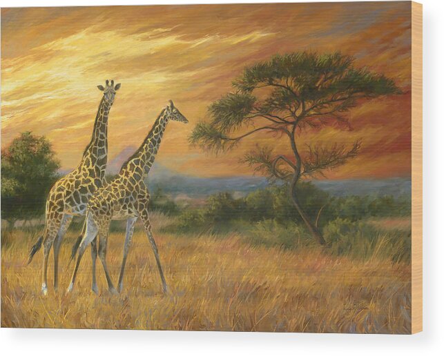 Giraffe Wood Print featuring the painting Passing Through by Lucie Bilodeau