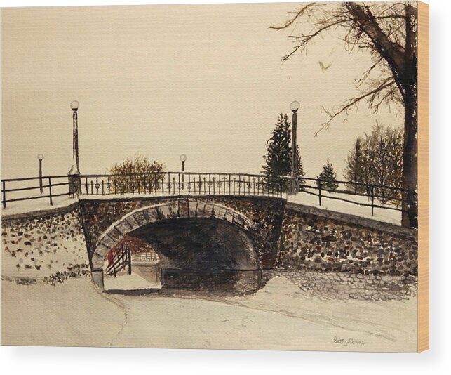 Snow Wood Print featuring the painting Patterson Creek Bridge by Betty-Anne McDonald