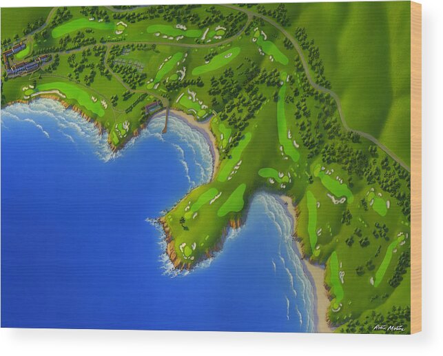 Pebble Beach Golf Links Wood Print featuring the painting Pebble Beach Golf Course by Robin Moline