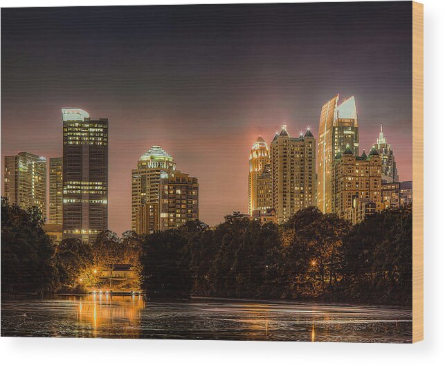 Night Wood Print featuring the photograph Piedmont Park lake by Anna Rumiantseva