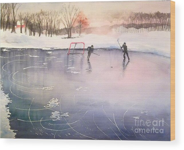 Ice Hockey Wood Print featuring the painting Playing on Ice by Yoshiko Mishina