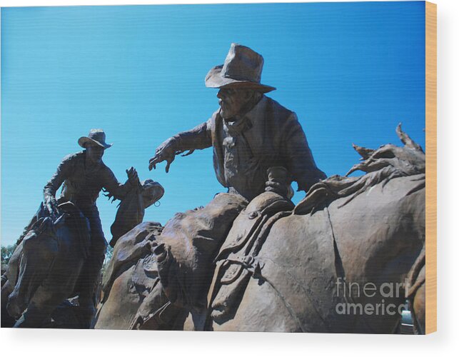 Pony Express Sculpture Horse Horses Cowboy Cowboys Courier Mail Bag Wild West Scottsdale Arizona Bronze Herb Mignery Passing The Legacy Wood Print featuring the photograph Pony Express by Richard Gibb