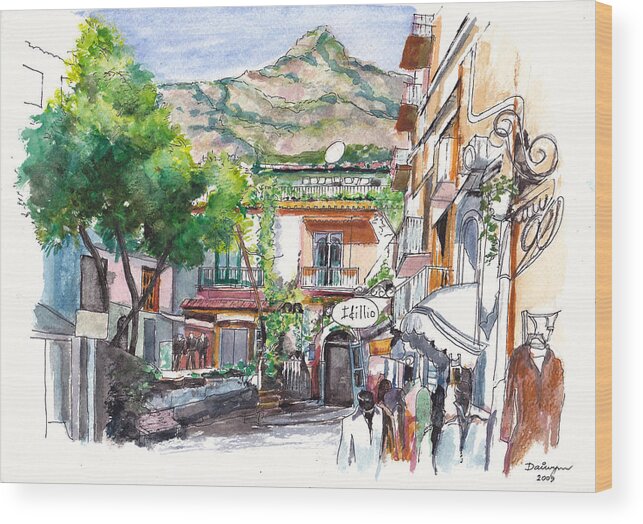 Amalfi Wood Print featuring the painting Positano Boutiques on the Amalfi Coast of Italy by Dai Wynn