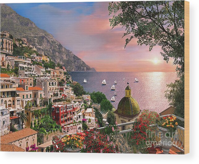 Positano Wood Print featuring the digital art Positano by MGL Meiklejohn Graphics Licensing