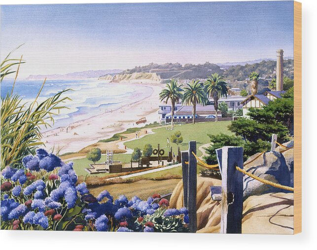 Powerhouse Wood Print featuring the painting Powerhouse Beach Del Mar Blue by Mary Helmreich