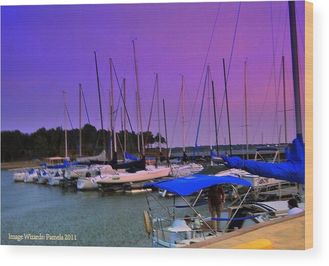 Evening Sailboats Wood Print featuring the digital art Putting The Sails To Bed At Sunset by Pamela Smale Williams