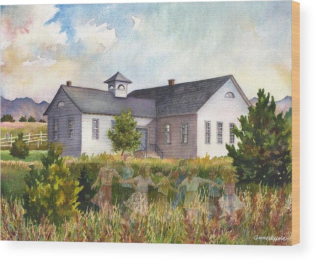 Schoolhouse Painting Wood Print featuring the painting Recess at the Cherryvale Schoolhouse by Anne Gifford